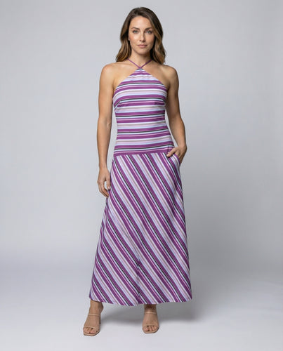 Damen gestreiftes Neckholder-Maxikleid mit Diagonalstreifen