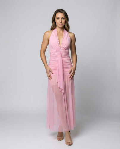 Damen Halterkragen-Abendkleid mit Tüllüberrock
