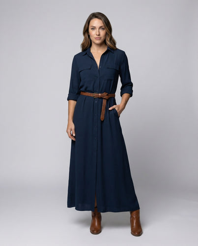 Damen Hemdblusen-Maxikleid mit Taillenbindegürtel