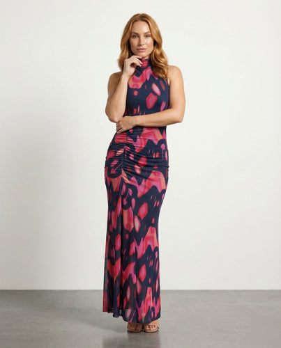 Damen hochgeschlossenes Neckholder-Maxikleid aus Stretch