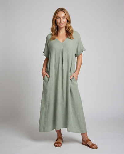 Damen knöchellanges Baumwollgaze-Kleid mit V-Ausschnitt