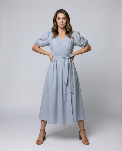 Damen Kreuzwickel-Midikleid mit Puffärmeln