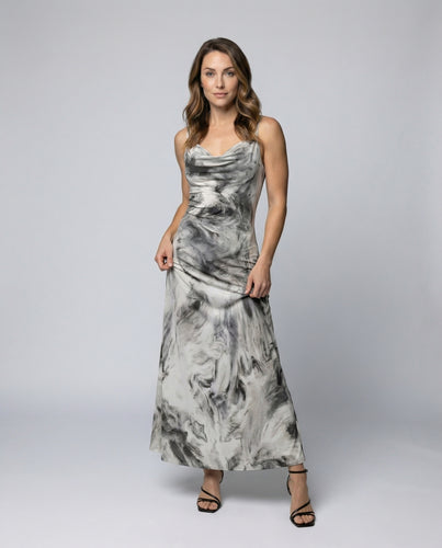 Damen langes Bias-Slipkleid mit Wasserfallausschnitt