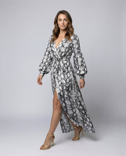 Damen langes Wickelkleid mit grafischem Letterprint