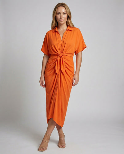 Damen lässiges Midi-Hemdkleid mit Knoten-Taille