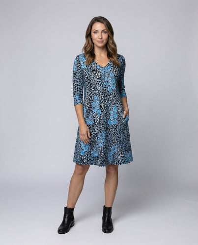 Damen lässiges A-Linien-Midikleid mit V-Ausschnitt