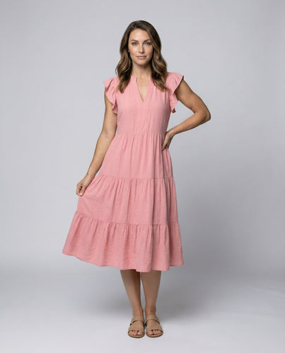 Damen legeres Stufen-Midikleid mit Rüschenärmeln