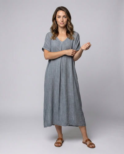 Damen loungiges Crinkle-Maxikleid mit Kellerfalte