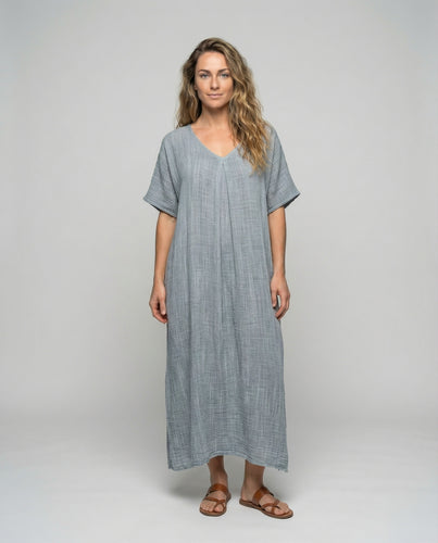 Damen luftiges Maxikleid in Crinkle-Optik mit V-Ausschnitt