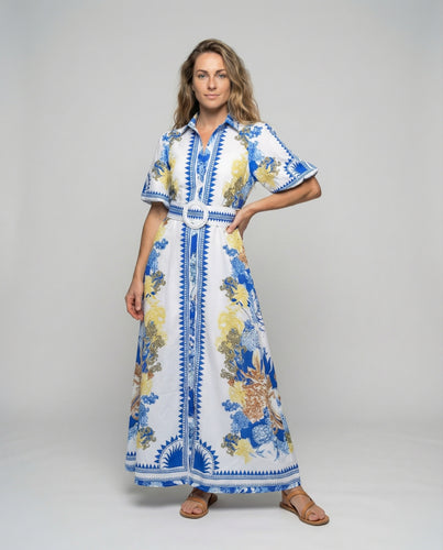 Damen Maxi-Hemdkleid mit Gürtel und Rundschnalle
