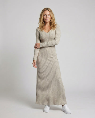Damen geripptes Strick-Maxikleid mit V-Ausschnitt