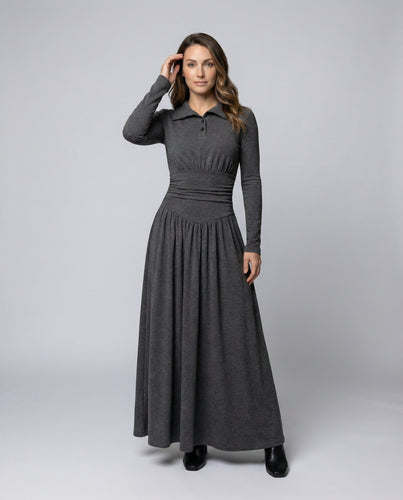 Damen Maxikleid mit Polokragen und Formbund