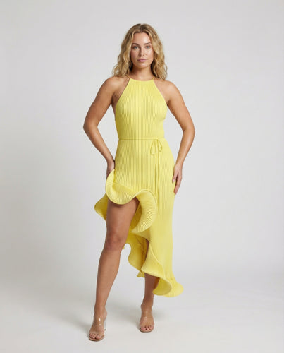 Damen plissiertes Midikleid mit Halterkragen