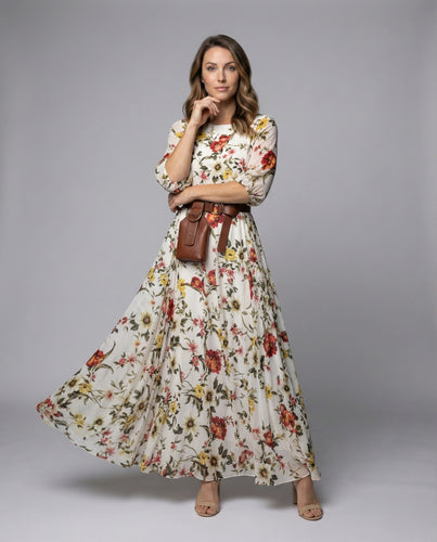 Damen romantisches Chiffon-Maxikleid mit Blumenmuster