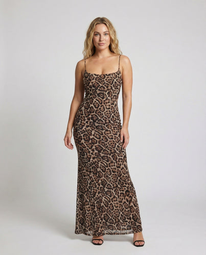 Damen Maxi-Slipkleid mit Leopardenmuster