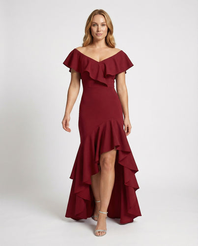 Damen schulterfreies Abendkleid mit Volantstufen