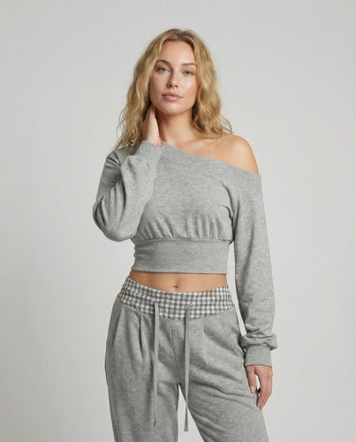 Damen schulterfreies kurzes Sweatshirt mit Ballonärmeln