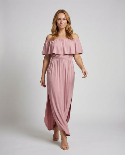 Damen schulterfreies Volant-Maxikleid mit Seitenschlitzen