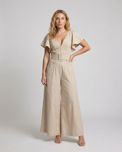 Damen taillierter Leinenoptik-Overall mit Palazzo-Bein