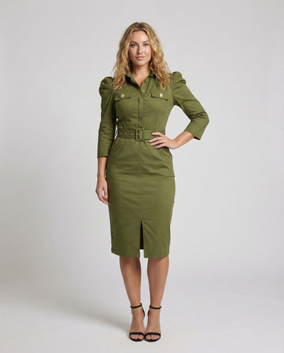 Damen tailliertes knielanges Hemdkleid mit Gürtel