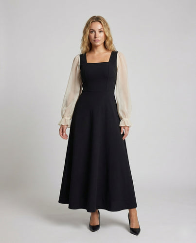 Damen A-Linien-Maxikleid mit Organza-Ballonärmeln