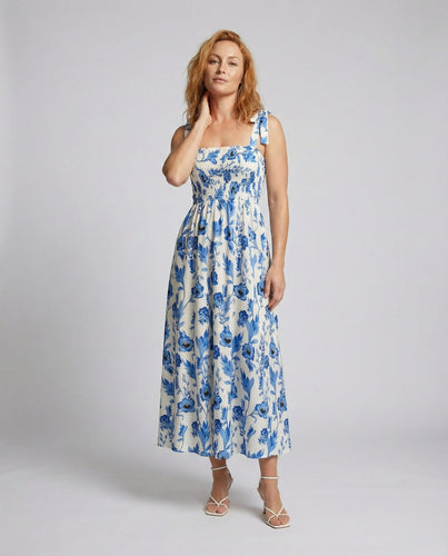 Damen Baumwollmix-Maxikleid mit Smok-Oberteil