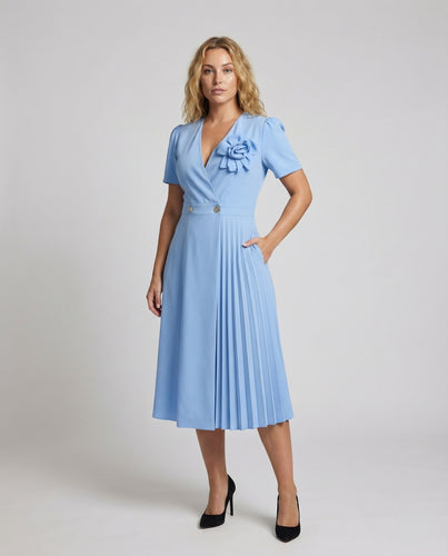 Damen elegantes Midikleid mit Plissee-Panel