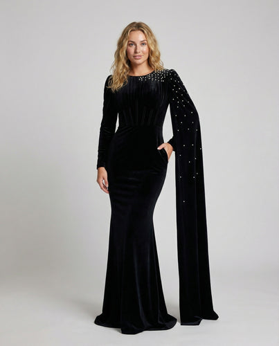 Damen elegantes Samt-Abendkleid mit Perlen-Cape