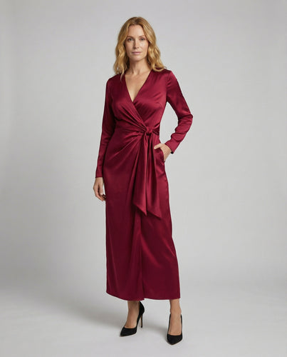 Damen elegantes Satin-Wickelkleid mit Knotentaille
