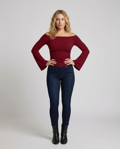 Damen figurbetontes Crop-Top mit Trompetenärmeln