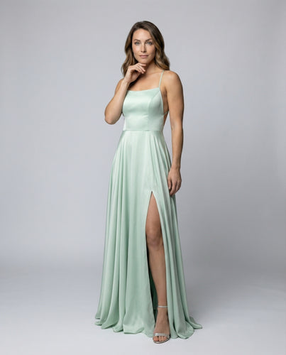 Damen fließendes Satin-Abendkleid mit Beinschlitz