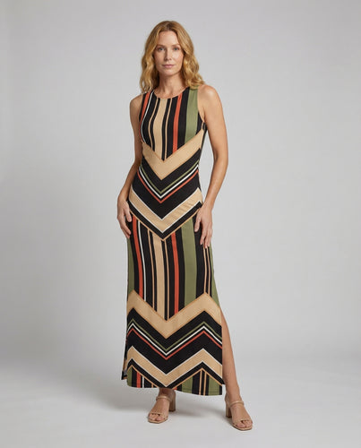 Damen gestreiftes Maxi-Jerseykleid mit Seitenschlitz