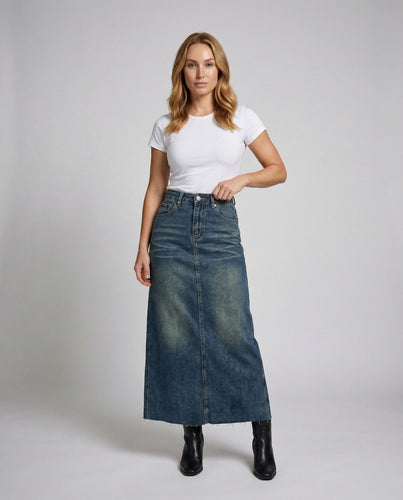 Damen High-Waist-Denim-Rock in Maxi-Länge