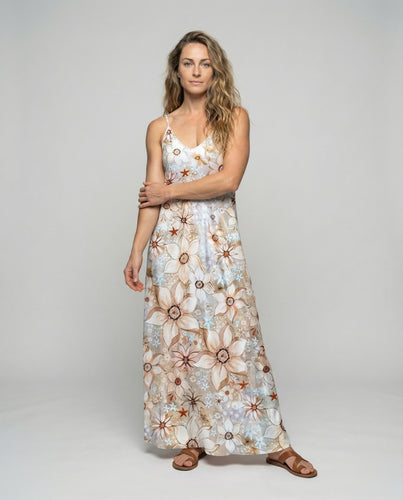 Damen langes Sommerkleid mit großem Blumenprint
