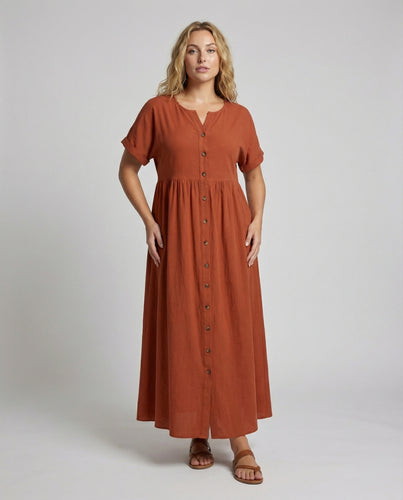 Damen luftiges Leinenmix-Maxikleid mit Knopfleiste