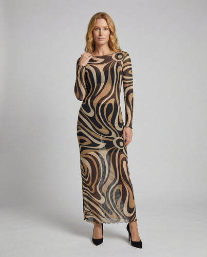 Damen figurbetontes Maxi-Meshkleid mit Alloverprint