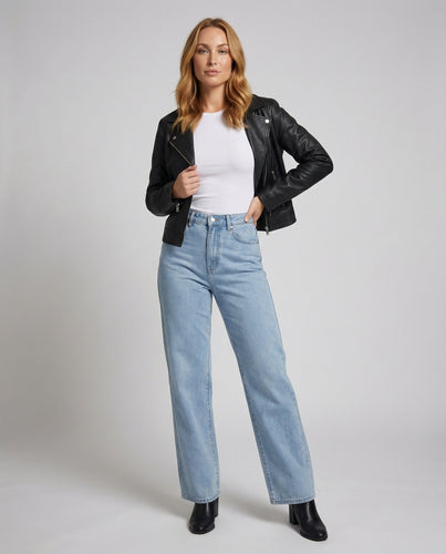 Damen hochgeschnittene Denim-Hose mit extra weitem Bein