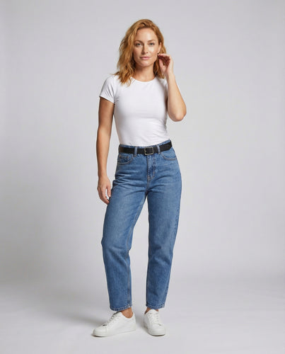 Damen hochgeschnittene Jeanshose mit konischem Bein
