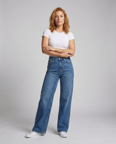Damen hochgeschnittene Denimhose mit weitem Bein