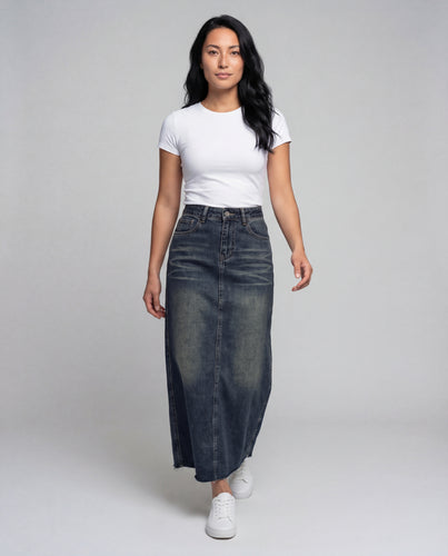 Damen Denim-Langrock in A-Linie mit Fransensaum