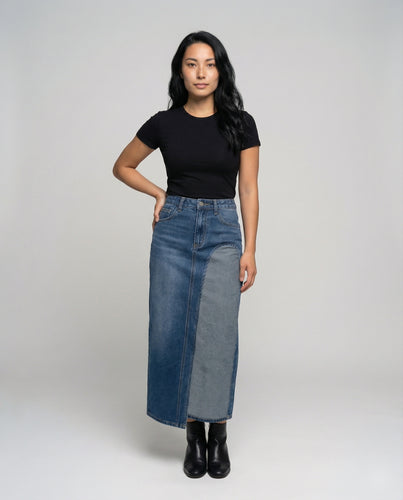 Damen hochgeschnittener Jeans-Maxirock mit Seiteneinsatz