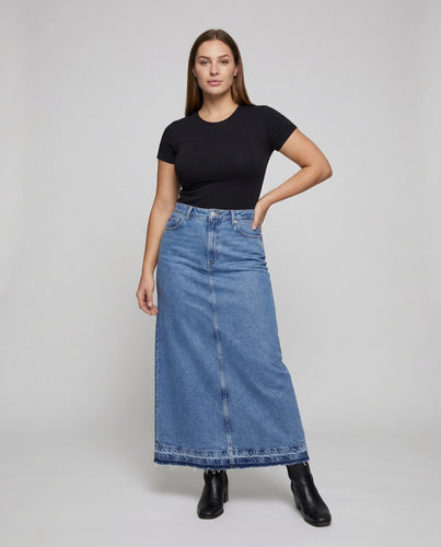 Damen langer Jeansrock mit mittigem Beinschlitz