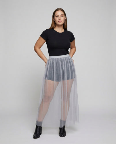 Damen Tüll-Overlay-Rock mit integrierter Jeans-Shorts