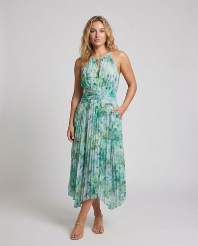 Damen luftiges Neckholder-Maxikleid mit Plissee