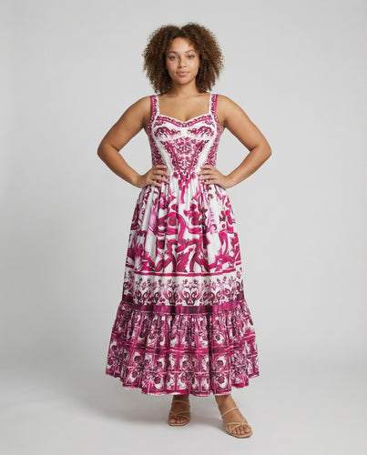 Damen mediterranes Maxikleid mit Stufenvolant