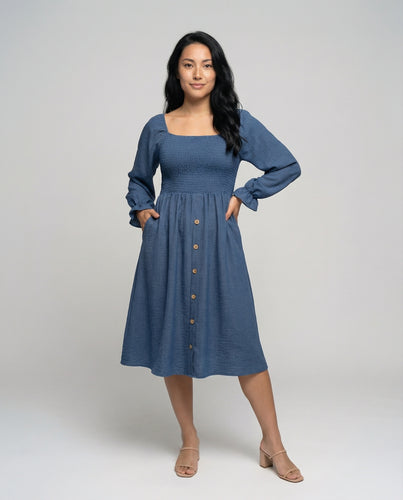 Damen Midikleid mit Smokoberteil und Ballonärmeln