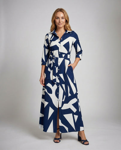 Damen Hemdblusenkleid in Maxilänge mit geometrischem Print