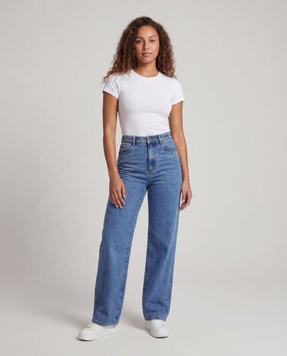 Damen hochgeschnittene weite Jeans mit Minimalnaht