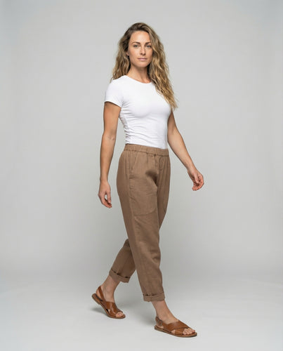 Damen lässige Leinenmix-Hose mit umschlagbarem Saum