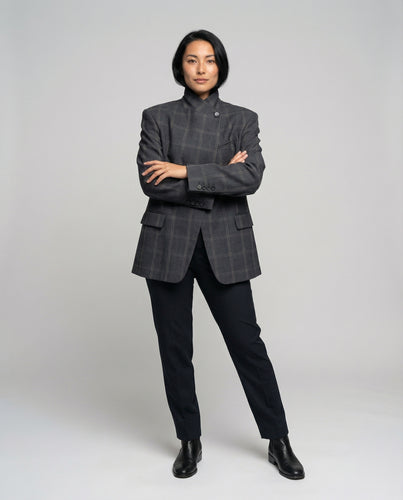 Damen Karo-Stehkragenblazer mit asymmetrischer Knopfleiste